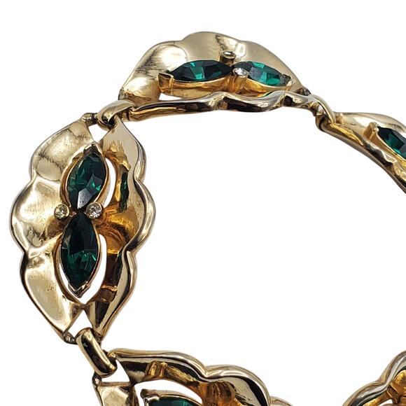 Coro Green Rhinestone Bracelet Gold Vermeil Vintage 40s Oval Link 7" L Corocraft - Picture 12 of 12
